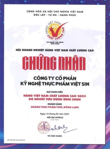 Danh Hiệu Hàng Việt Nam Chất Lượng Cao 2023 - Việt Sin